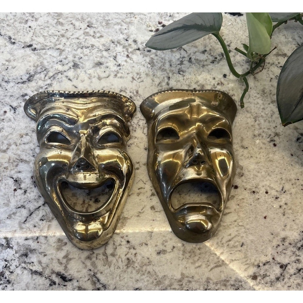 VINTAGE SOLID BRASS THEATER‎ COMEDY AND TRAGEDY MASKS WALL HANGING DECOR ACTING